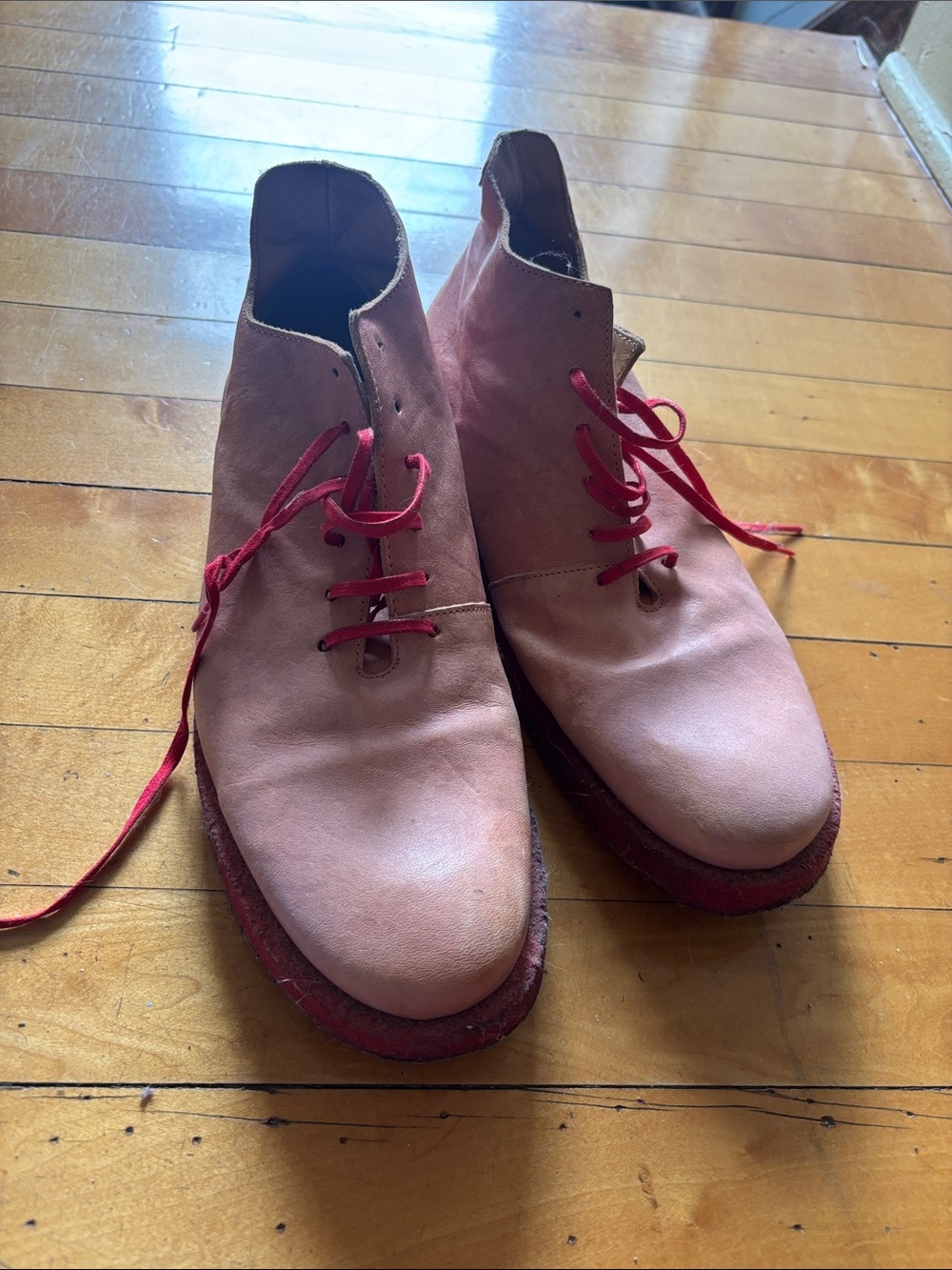 John Fluevog Pink Leather Ankle Boots with Red Laces